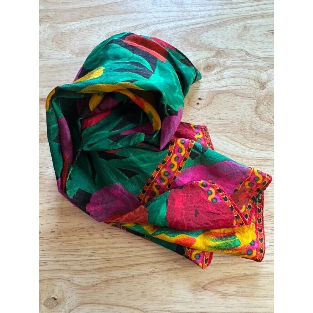Vintage 1989 Liz Claiborne 100% Silk Scarf Bold Abstract Floral Jewel Tone 52x10